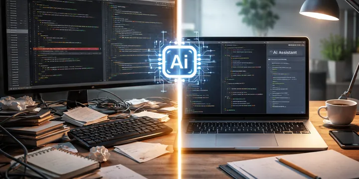 Editorial hero image showing a practical AI workflow. Don't let AI build your features: 5 low-risk workflows for developers