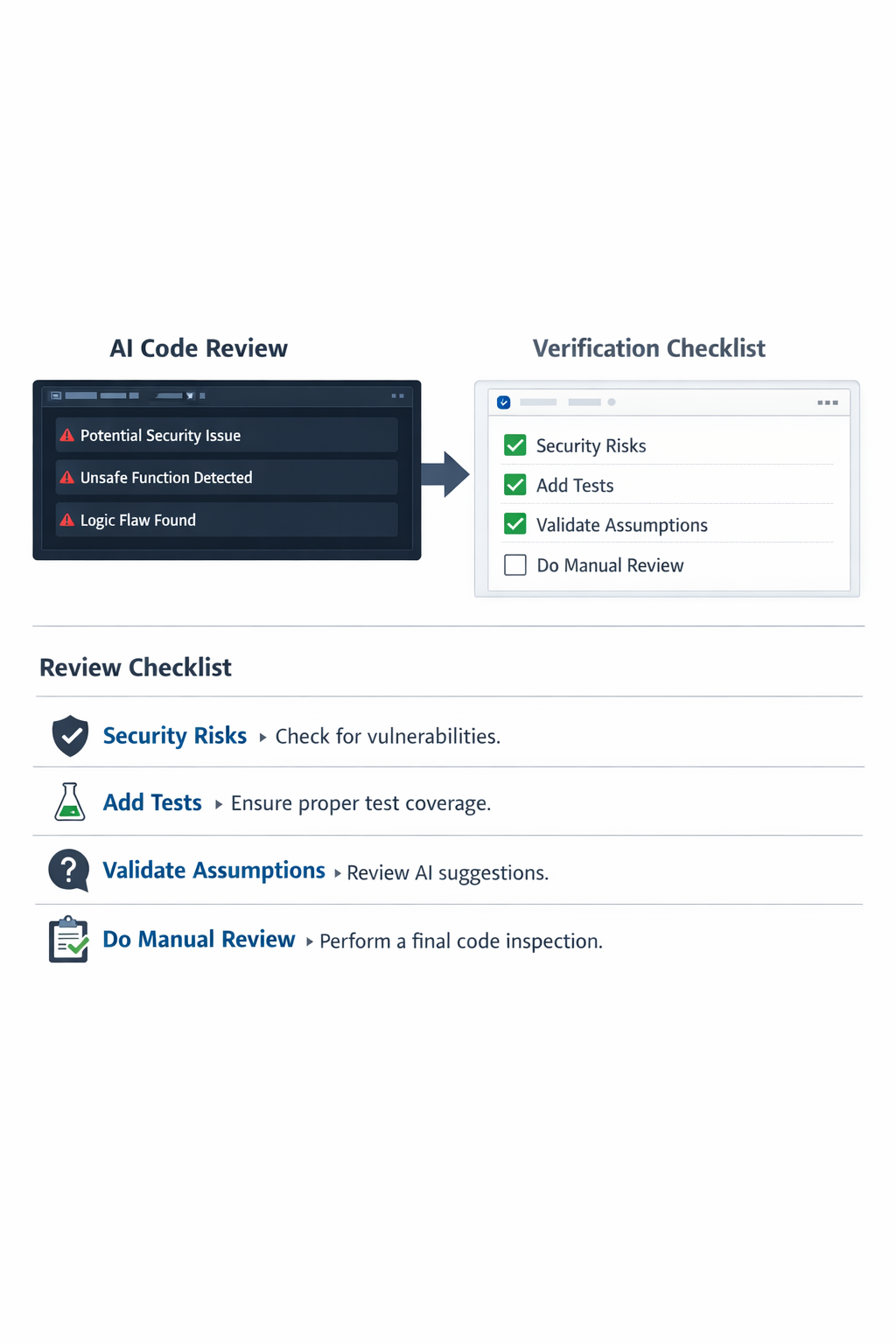 An explanatory image showing an AI review summary being validated against a short checklist for risk, tests, and assumptions.