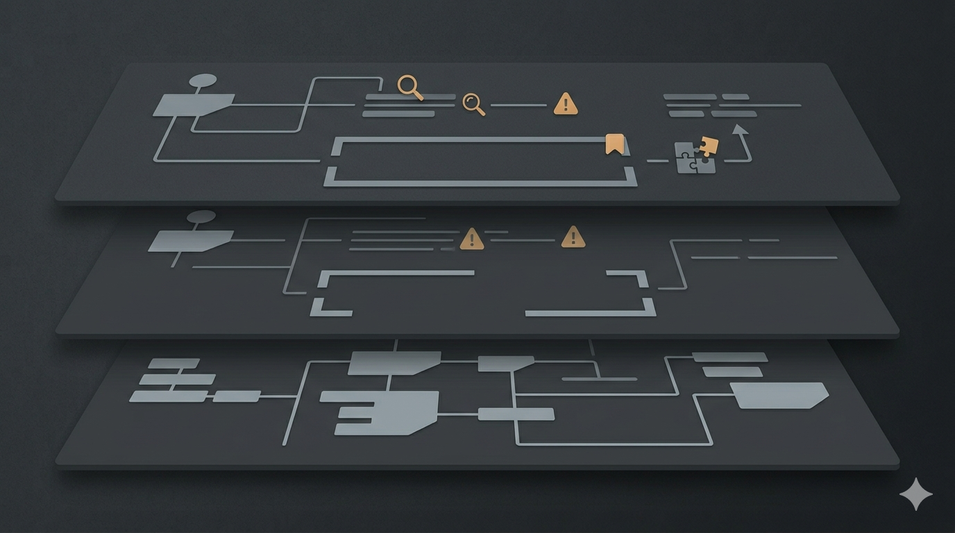 A flat explanatory visual showing trusted behavior, an AI-generated test draft, and human review markers on assertions, edge cases, and hidden assumptions.