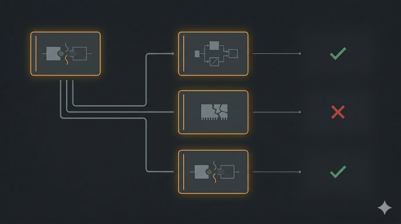 A flat explanatory visual showing one runtime symptom feeding into three debugging hypotheses and then into concrete verification checks.