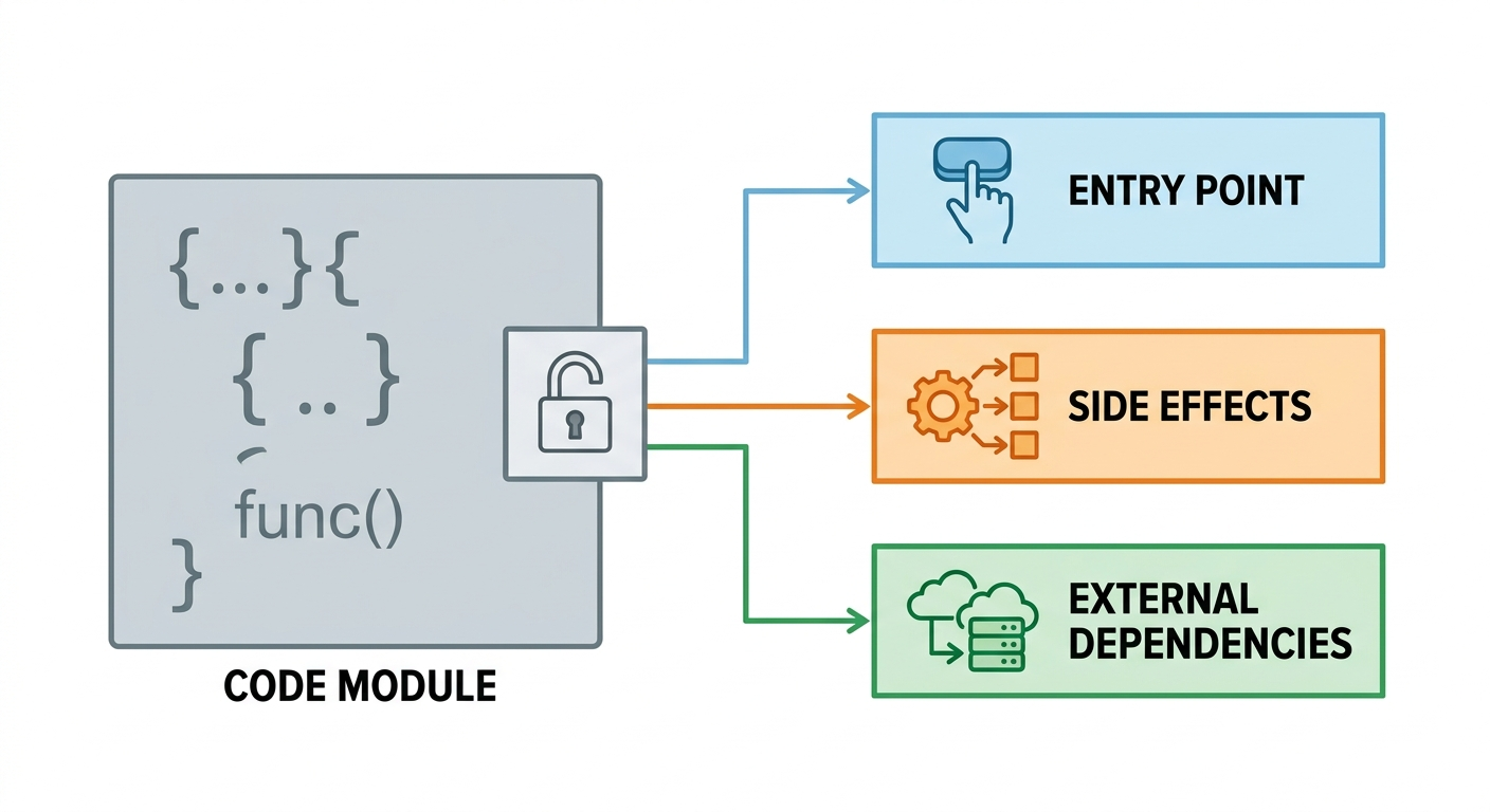 A legacy code module being analyzed through three branches for entry point, side effects, and external dependencies.